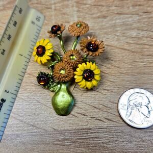 Vintage Style Sunflower Vase Brooch Floral Enamel Rhinestone Yellow Brown Pin